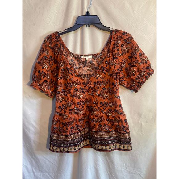 Madewell Womens Small Puff-Sleeve Peplum Top in Cavoli Floral - Picture 2 of 10